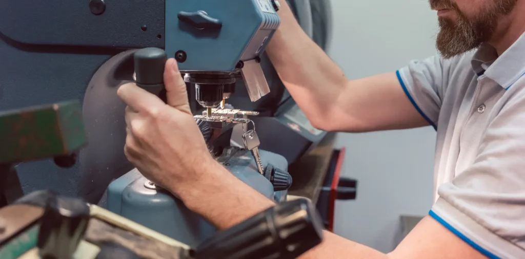 Experienced locksmith technician cutting duplicate keys